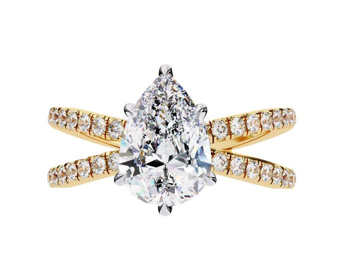 Pear Shaped Diamond Ring with Criss Cross Pave Band Elegant Solitaire Ring Unique Wedding Band Classic Fine Anniversary Jewelry Gift for Her