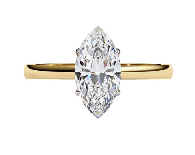Latest Marquise Cut Moissanite Solitaire Ring in Yellow Gold Elegant Elongated Engagement Ring 4 Prong Setting Timeless Bridal Jewelry Gift