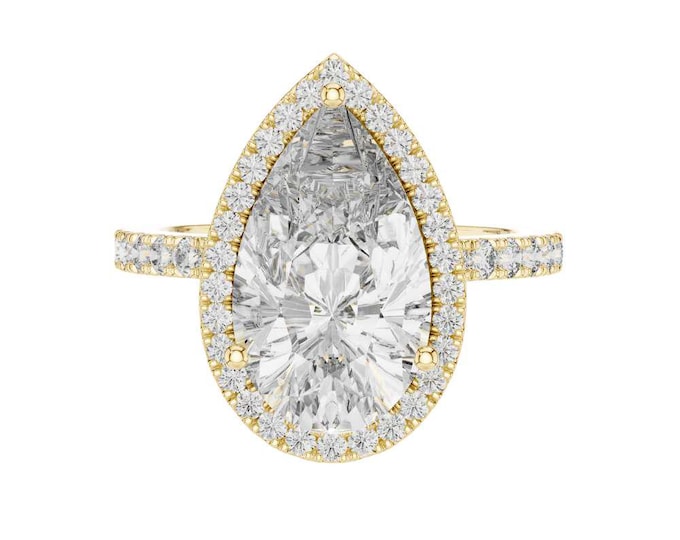 Unique Pear Shaped Moissanite Ring 4.47 TC Teardrop Cut Halo Ring in Gold Rosegold Silver Large Statement Wedding Ring Unique Bridal Jewelry