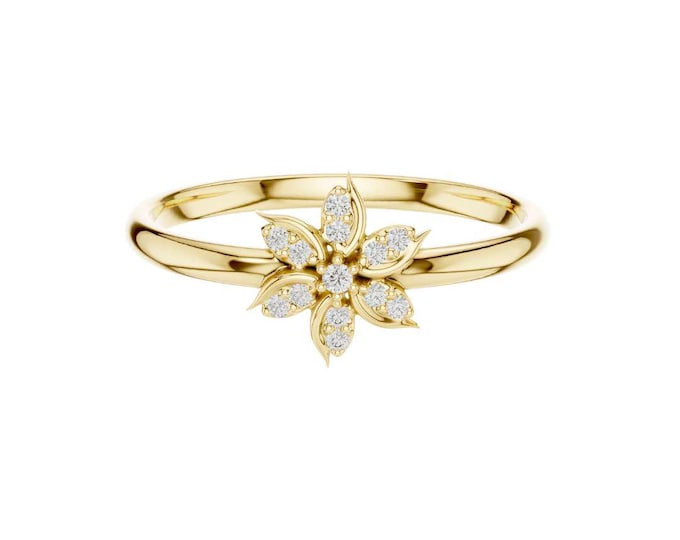 14K Gold Floral Diamond Ring Dainty Flower Engagement Ring Minimalist Gold Ring for Her Handmade Stackable Promise Ring  Fine Jewelry Gift