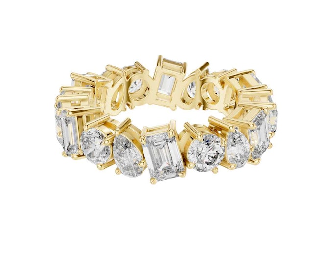 Gold Multi Shape Moissanite Eternity Band Statement Ring Unique Cut Moissanite Ring Luxury Gold Ring for Women Anniversary Gift