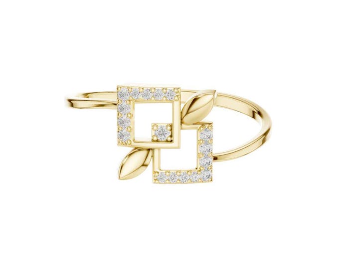 Geometric Round Moissanite Ring Square Leaf Ring with Crystals Dainty Modern Ring Minimalist Adjustable Wedding Jewelry Gift for Her