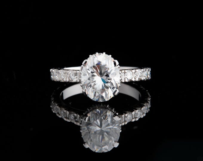 Oval Cut Solitaire Moissanite Ring with Diamond Accent Band in White Gold Elegant Bridal Jewelry Anniversary or Proposal Gift for Her