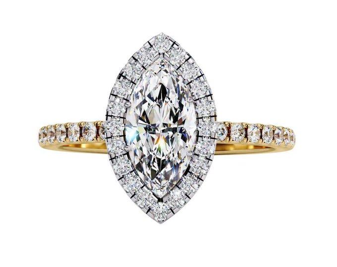 Marquise Cut Halo Ring 1.17 TCW Solitaire Ring with Dainty Diamond Accent Band in Gold, Rose Gold, White Gold Custom Fine Bridal Jewelry