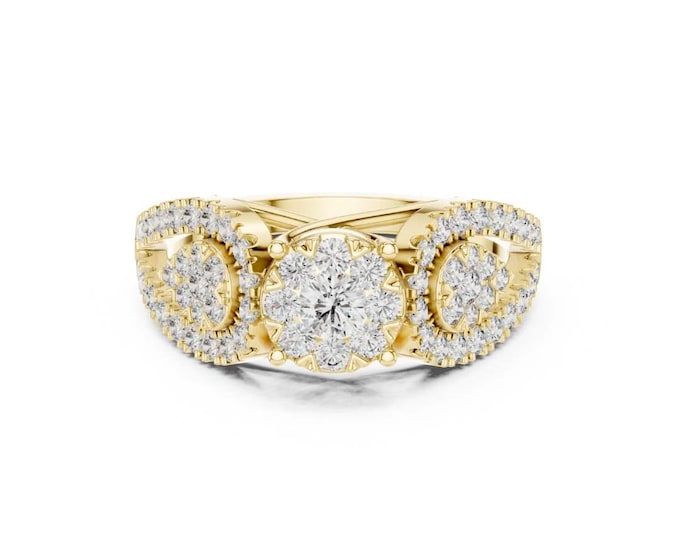 Round Three-Stone Moissanite Ring in Yellow Gold with Pave Band Elegant Sparkling Bright Latest Anniversary Jewelry Bridal Gift