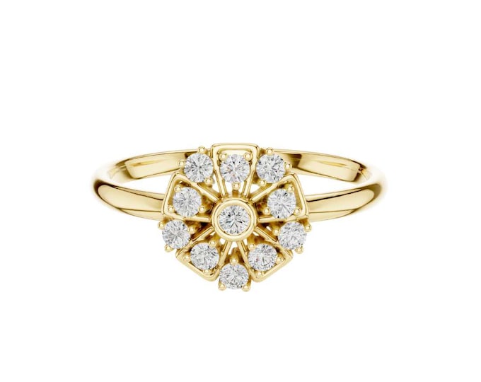 Vintage Style Moissanite Diamond Cluster Ring with Round Cut Stones Floral Inspired Dainty Anniversary Ring Unique Fine Jewelry Gift