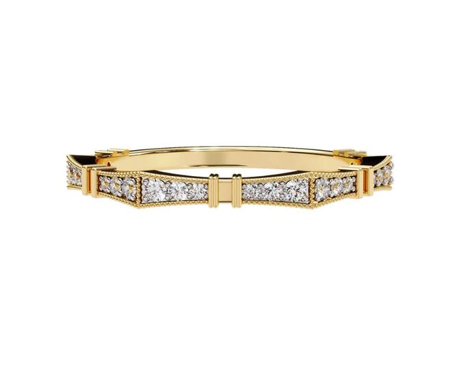 Art Deco Inspired Gold Geometric Eternity Band with Moissanite Stones – Unique Vintage Style Stacking Ring Sparkling Jewelry Gift for Women