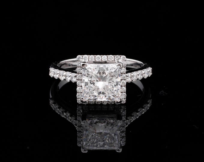 Sparkling Princess Cut Halo Moissanite Engagement Ring with Double Diamond Accent Band Elegant Bridal Jewelry Fantastic Proposal Gift