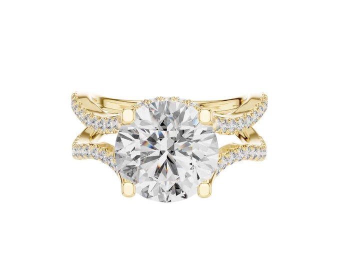 Luxury Round Cut Split Shank Moissanite Ring in Yellow Gold with Pave Diamond Band Unique Double Band Solitaire Bridal Ring Gift for Her
