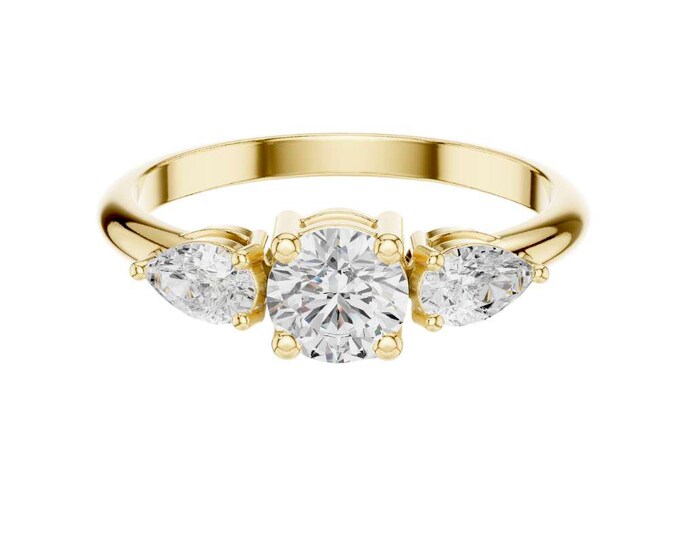 Three Stone Moissanite Ring Round and Pear Cut Stones in Gold Silver Rose Gold Elegant Bridal Anniversary Ring Timeless Wedding Jewelry Gift