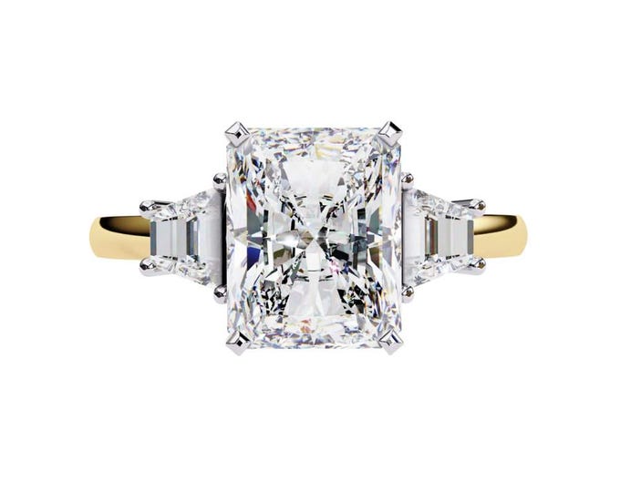 3 Carat Diamond Radiant Cut Three Stone Moissanite Engagement Ring in Yellow Gold Elegant Bridal Jewelry Timeless Wedding Anniversary Gift