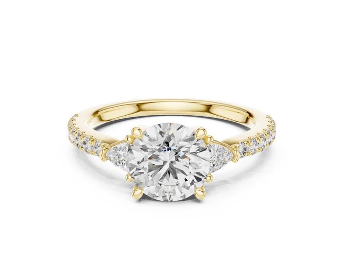 Elegant Round Cut Three Stone Moissanite Engagement Ring with Gold Pave Band Classic Trilogy Design Sparkling Bridal Wedding Proposal Gift