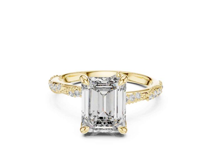 Emerald Cut Diamond Engagement Ring in Gold Pave Band Solitaire Ring Vintage Inspired Bridal Jewelry Unique Proposal or Anniversary Gift