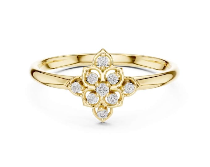 0.48 CT Floral Diamond Cluster Ring in Gold Vintage Petal Inspired Band Round Brilliant Dainty Promise Ring Elegant Bridal Jewelry Gift