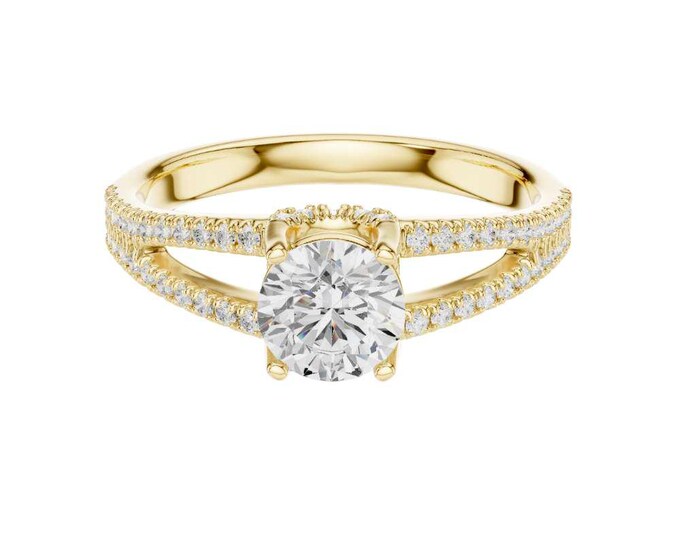 Split Shank Anniversary Ring with Round Moissanite Diamond Unique Solitaire Ring with Pave Band Diamond Proposal Ring Elegant Bridal Jewelry