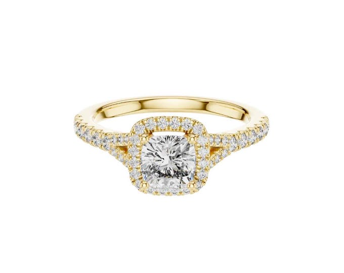 Cushion Cut Halo Moissanite Engagement Ring in Solid Yellow Gold Dainty Pave Band Elegant Ring Classic Jewelry Luxury Statement Piece