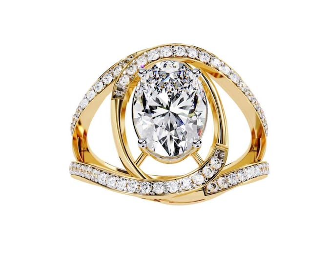 7.78 TCW Gold Eye Inspired Bridal Ring with Oval Cut Diamond and Pave Accent Stones Luxury Statement Jewelry for Anniversary or Wedding Gift