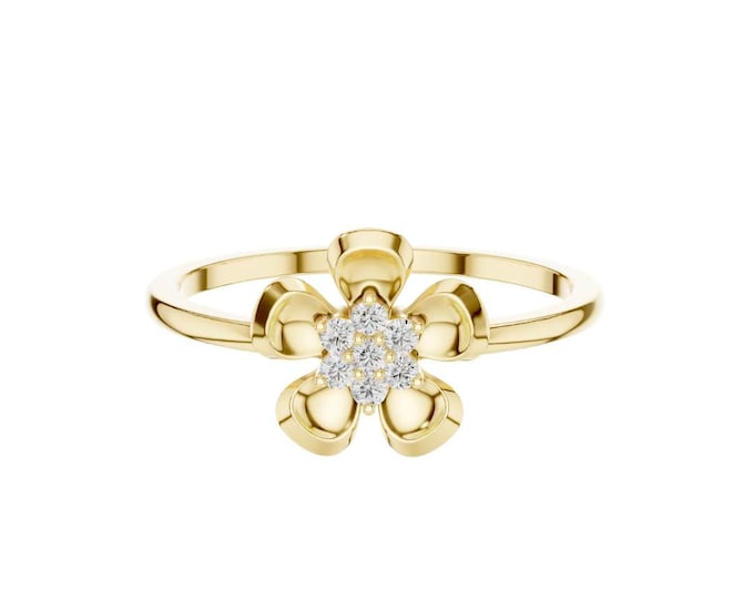 Gold Flower Ring with Diamond Center Delicate Floral Promise Ring Dainty Gold Band Elegant Petal Design Gift for Her