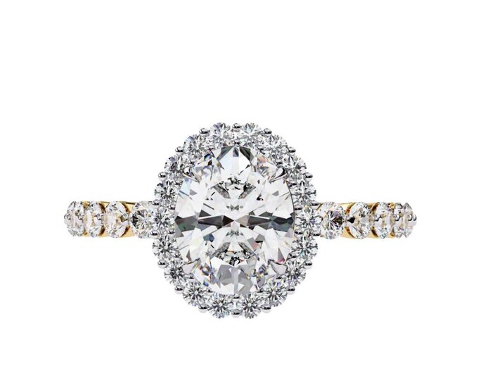 Oval Cut Halo Moissanite Ring in Yellow Gold  Dainty Diamond Accent Bridal Ring Timeless Engagement Jewelry Gift