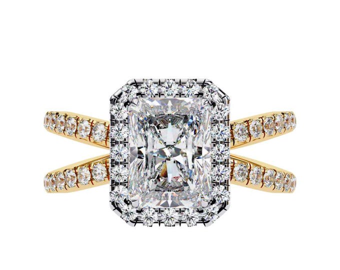 Halo Radiant Cut Diamond Ring with Criss Cross Pave Band Luxurious Ring Elegant Wedding Band Fine Anniversary Jewelry Gift Fine Bridal Ring
