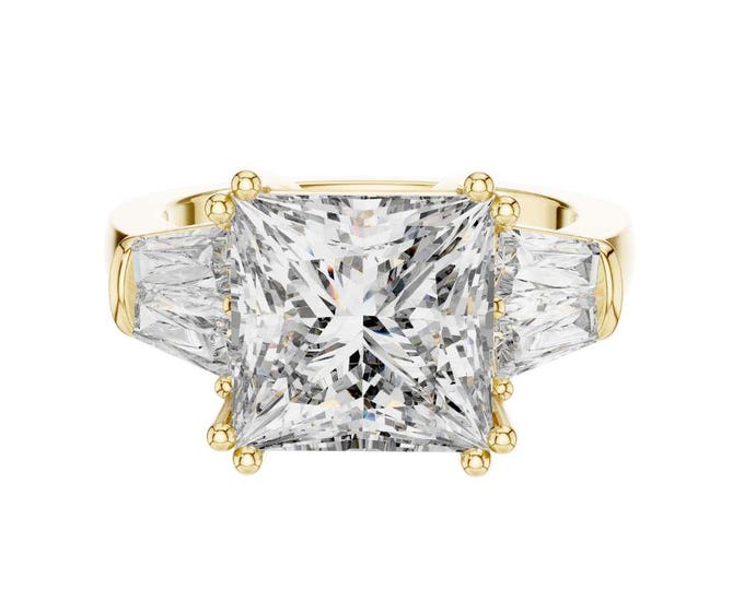 Exquisite Three Stone Princess Cut Moissanite Diamond Wedding Ring with Tapered Baguette Side Stones in Luxurious Gold Silver Rose Gold