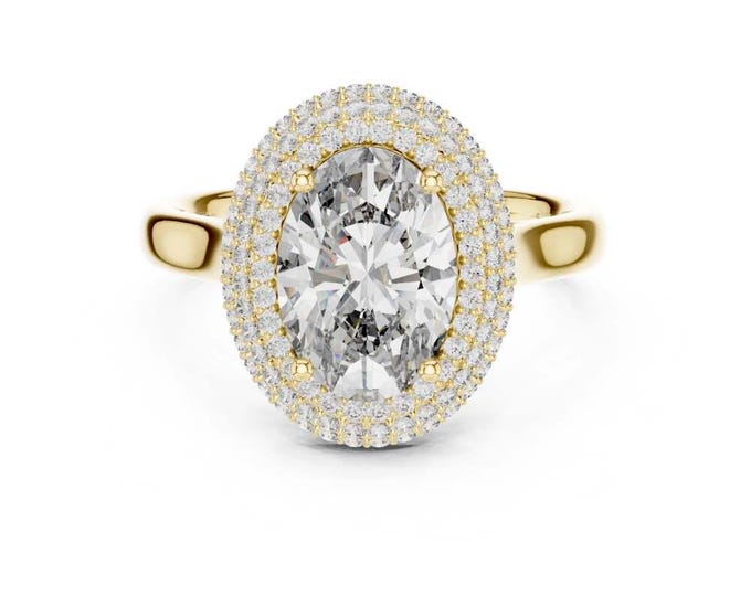 2.496 CT Oval Cut Halo Engagement Ring Double Halo Moissanite Ring in 14K Yellow Gold Sparkling Oval Solitaire with Pave Diamonds Ring