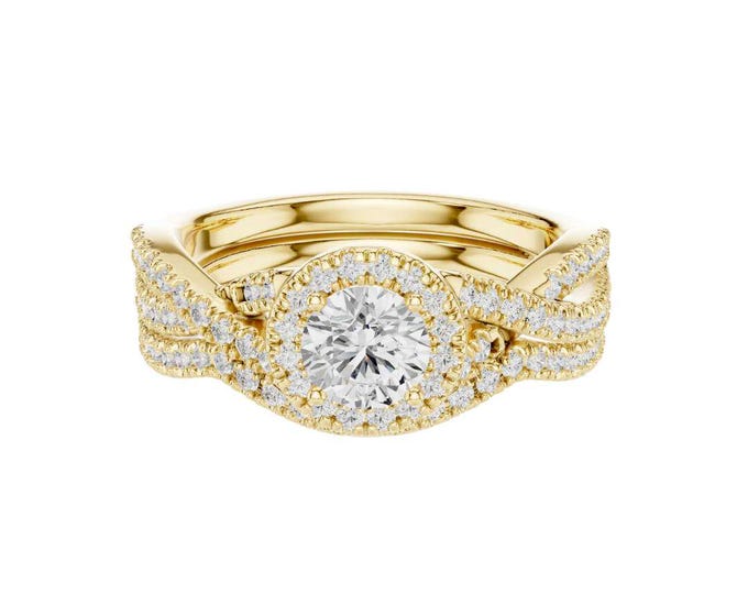 Timeless Twisted Halo Moissanite Ring Set: Pave Band, Sterling Silver Bridal Jewelry gift for her