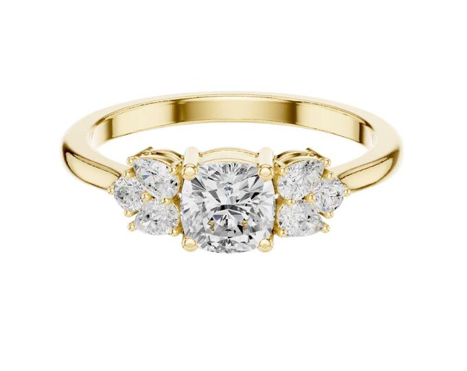Classic Cushion Moissanite Ring Cluster Ring with Pear and Round Side Stones Vintage Inspired Unique Bridal Ring Dainty Wedding Ring