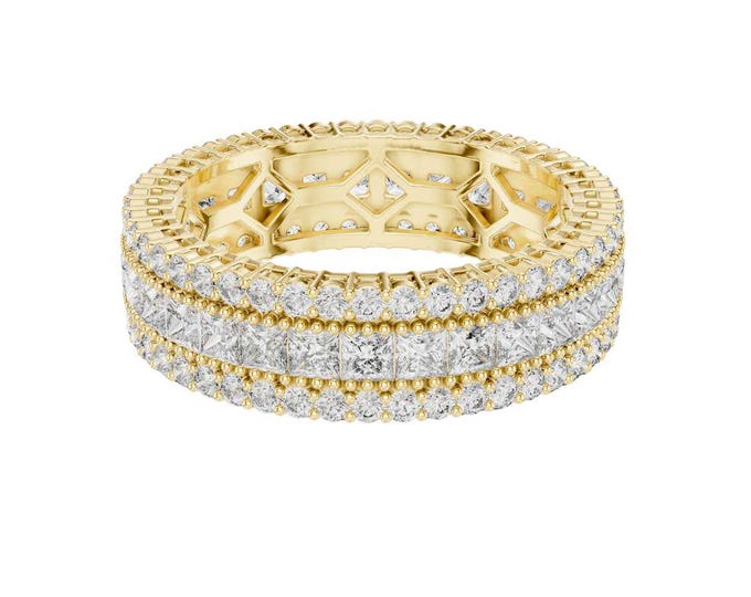 Affordable 3.18 TCW Yellow Gold Triple Row Diamond Eternity Band Full Pave Statement Stackable Wedding Anniversary Gift Ring