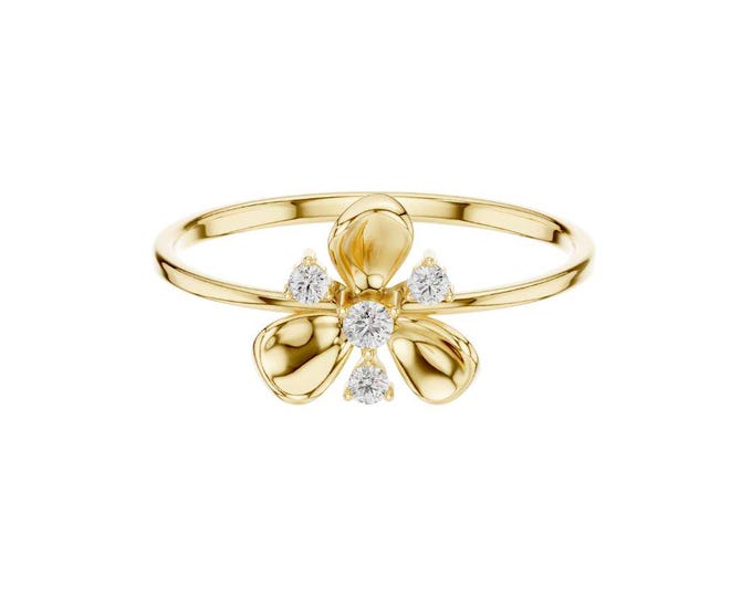 Round Moissanite Diamond Petal Ring Dainty Floral Engagement Ring Elegant Nature Inspired Jewelry Minimalist Flower Ring Gift for Her