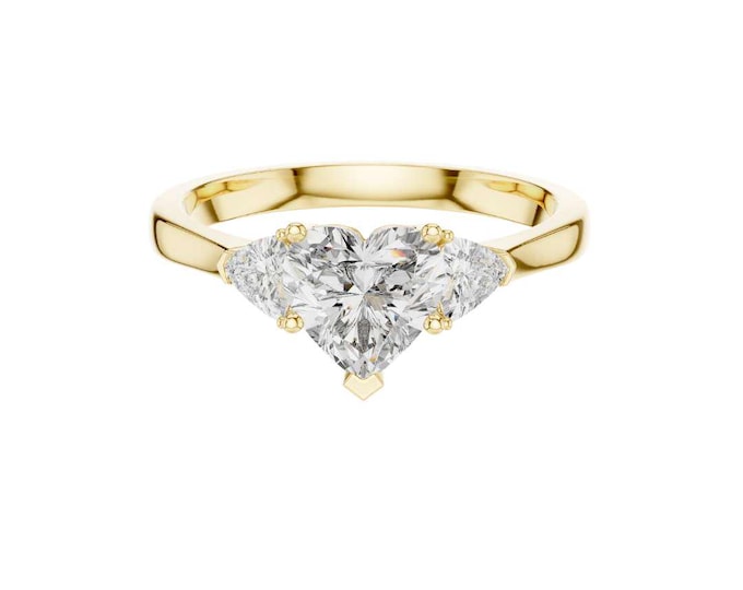 Heart Cut Engagement Ring 14K Yellow Gold Three Stone Diamond Ring with Trillion Side Stones Vintage Inspired Bridal Wedding Jewelry