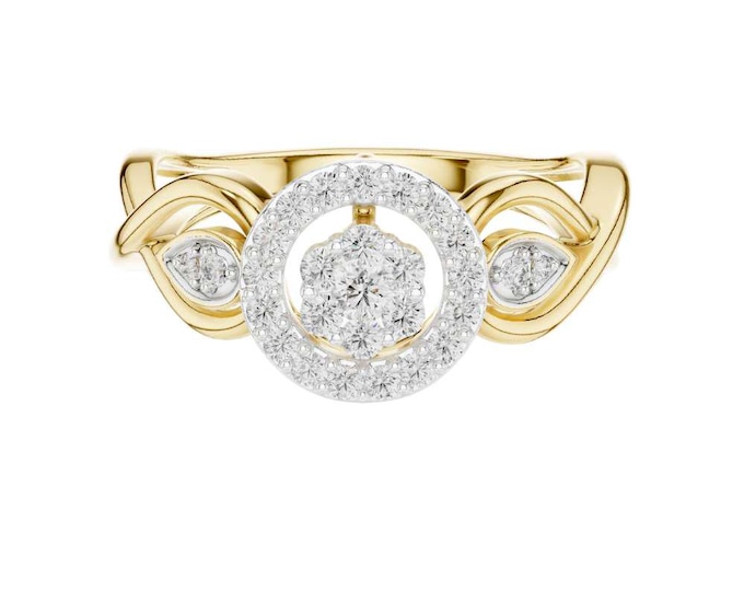 Vintage Halo Diamond Ring in 14k Yellow Gold Round Cluster Circle Ring with Leaf Accents Elegant Art Deco Inspired Fine Jewelry Gift for Her