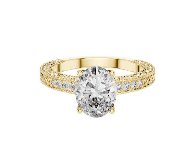 Round Cut Diamond Engagement Ring in Gold  Double Pave Band Classic Gold Solitaire Ring Unique Bridal Jewelry Anniversary or Proposal Gift