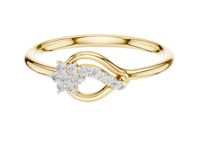 Elegant 14K Gold Wave Band Ring with Sparkling Cluster Diamond Accent Delicate and Modern Minimalist Ring for Women Dainty Gold Promise Ring