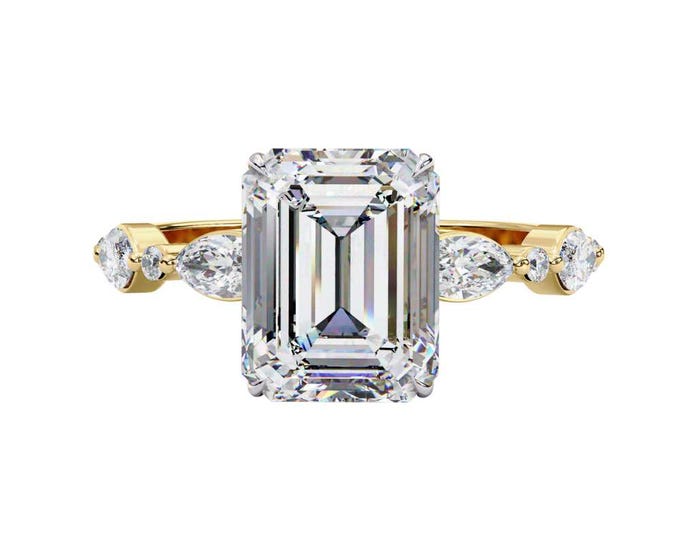 Emerald Cut Moissanite Ring 2.53 TCW with Marquise Side Stones Unique Three Stone Ring in Gold, Rose Gold, Silver Custom Fine Bridal Jewelry