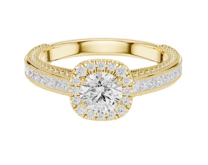 Dazzling Round Halo Anniversary Ring with Princess Cut Side Diamonds Vintage Inspired Ring with Milgrain Detailing and Channel Set Diamond