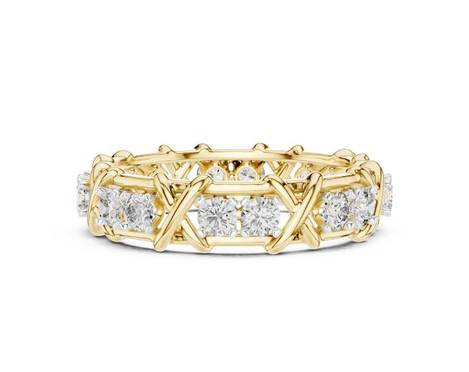 Moissanite Criss Cross Eternity Band Ring in Yellow Gold Elegant Anniversary Jewelry for Wedding Engagement or Special Occasion Gift