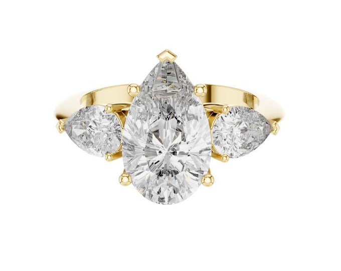 Pear Shaped Diamond Engagement Ring with Side Pear Diamonds in Yellow Gold – Three Stone Classic Bridal Ring