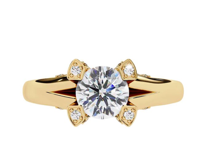 Vintage Inspired Moissanite Engagement Ring: 14K Yellow Gold Floral Setting