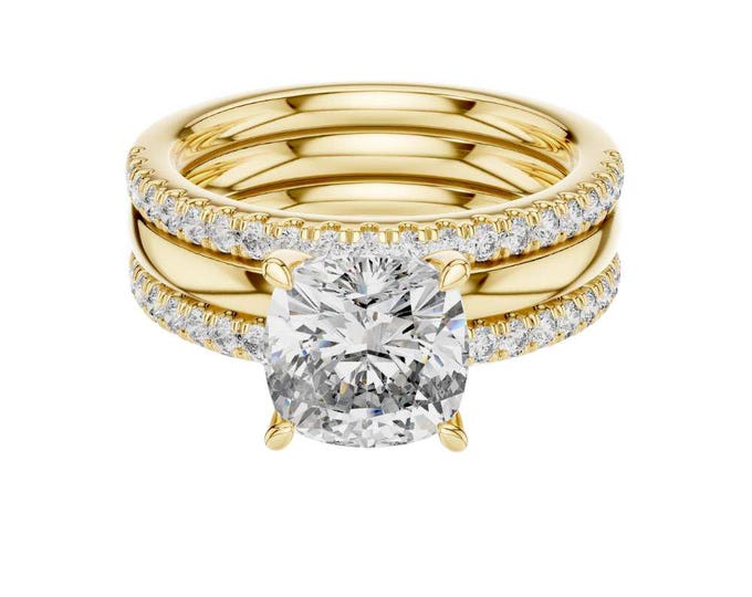 Cushion Cut Diamond Bridal Ring Set 14K Yellow Gold Ring and Matching Wedding Band Pave Double Band Set Elegant Stackable Ring for Women