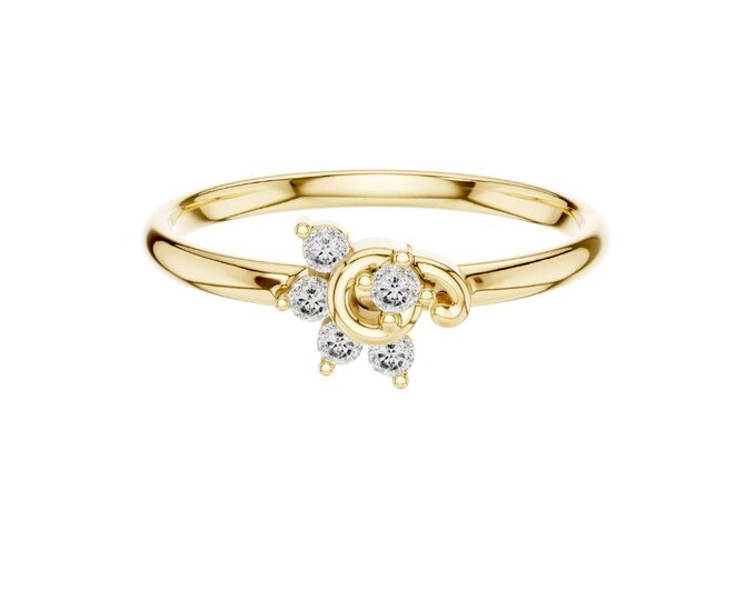 14K Yellow Gold Diamond Floral Swirl Ring Dainty Cluster Promise Ring, Elegant Flower-Inspired Jewelry, Minimalist Anniversary Gift for Her