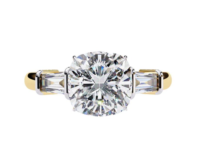 Three Stone Design Elegant Vintage Round Cut Moissanite Engagement Ring with Baguette Side Stones in Gold Classic Bridal Jewelry Gift