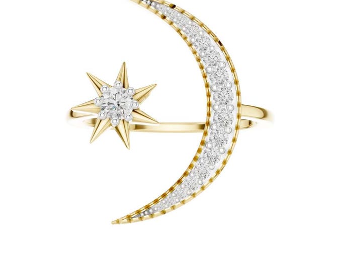 Luxury Celestial Moon and Star Diamond Ring Gold Pavé Crescent Setting, Unique Fine Jewelry Gift wedding gift fine jewelry ring