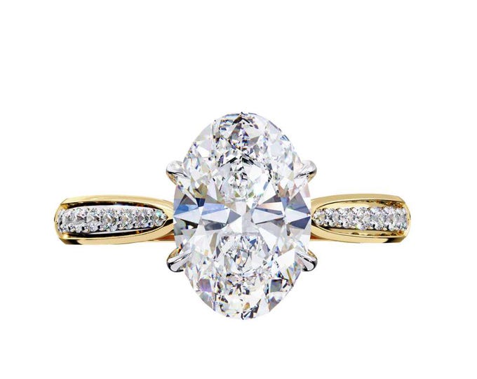 Oval Cut Moissanite Engagement Ring 2.03 TCW Solitaire with Pave Diamond Band Classic Bridal Ring Elegant Custom Wedding Jewelry for Her