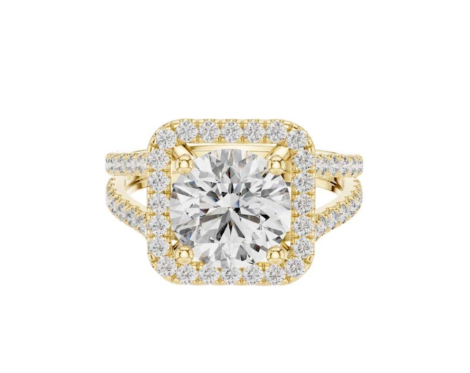 Split Shank Pave Band Round Cut Moissanite Engagement Ring in Gold with Halo and  Elegant Luxury Bridal Jewelry Statement Wedding Ring Gift