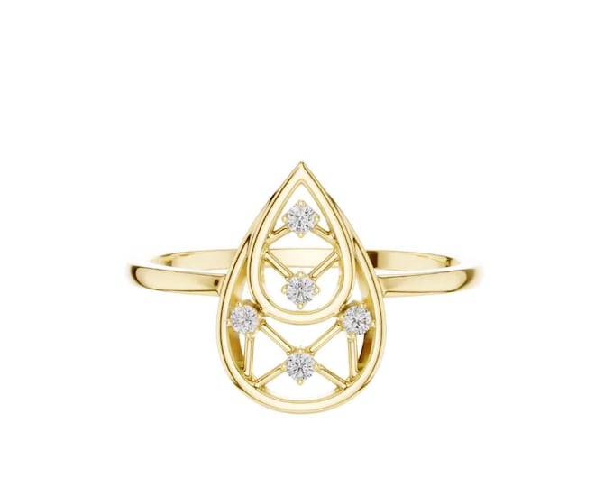 Delicate Gold Teardrop Openwork Ring with Sparkling Moissanite Stones Minimalist Geometric Design Elegant Handmade Fine Jewelry Gift for Her