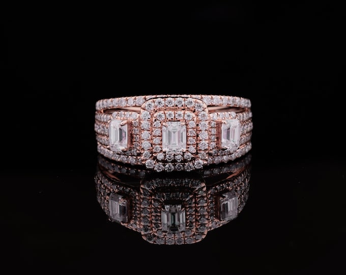 1.85 CT Emerald Cut Baby Claw Prong Moissanite Engagement Ring 14k Solid Rose Gold Pave And  Set Wedding Ring Promise Anniversary Gift Ring
