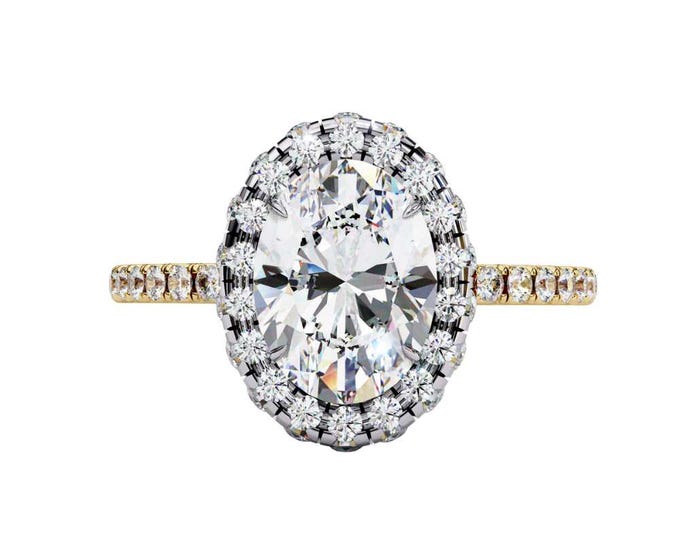 Oval Cut Moissanite Halo Ring 2.06 TCW Solitaire Ring with Dainty Diamond Accent Band in Gold, Rose Gold, Silver Custom Fine Bridal Jewelry