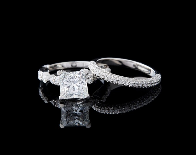 1.5 CT Princess Cut Prong Set Moissanite Engagement Ring 14k Solid White Gold Pave And Wedding Anniversary Gift set Ring For Her