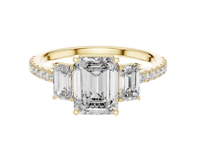 Emerald Cut Three Stone Moissanite Diamond Ring Classic Trilogy Ring with Pave Band  Elegant Vintage Style Ring for Women Anniversary Gift